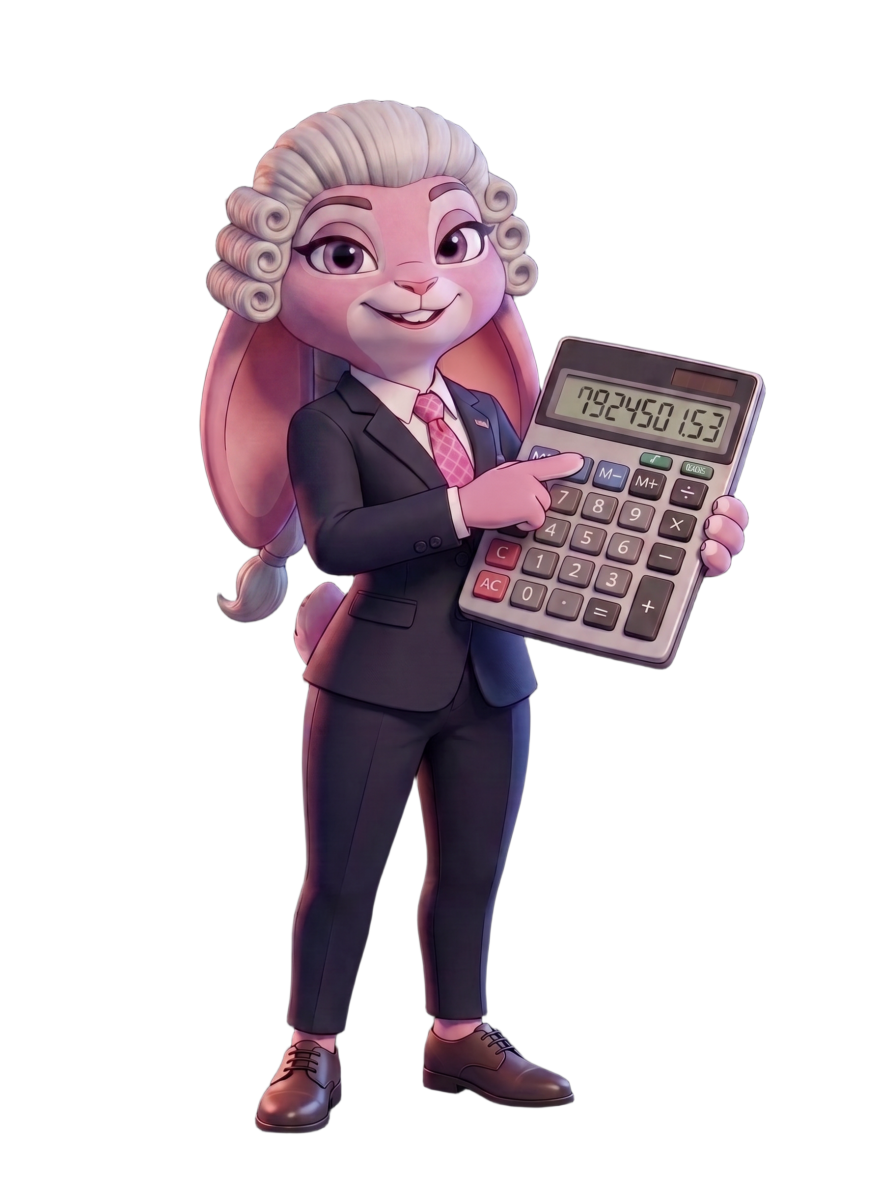 Bonny dressed as a tax lawyer, with a suit and a calculator
