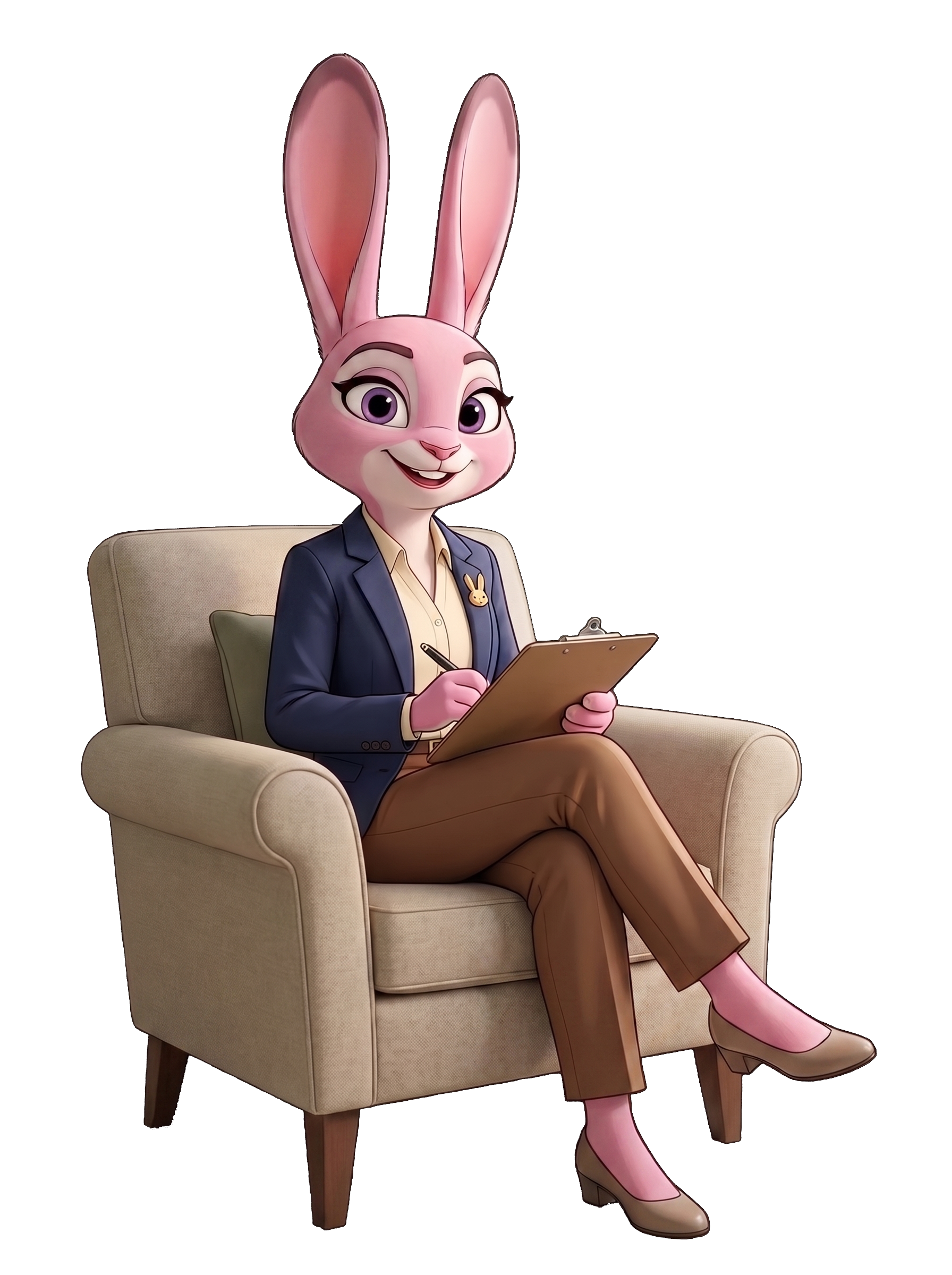Bonny dressed as a therapist, with glasses and a notepad