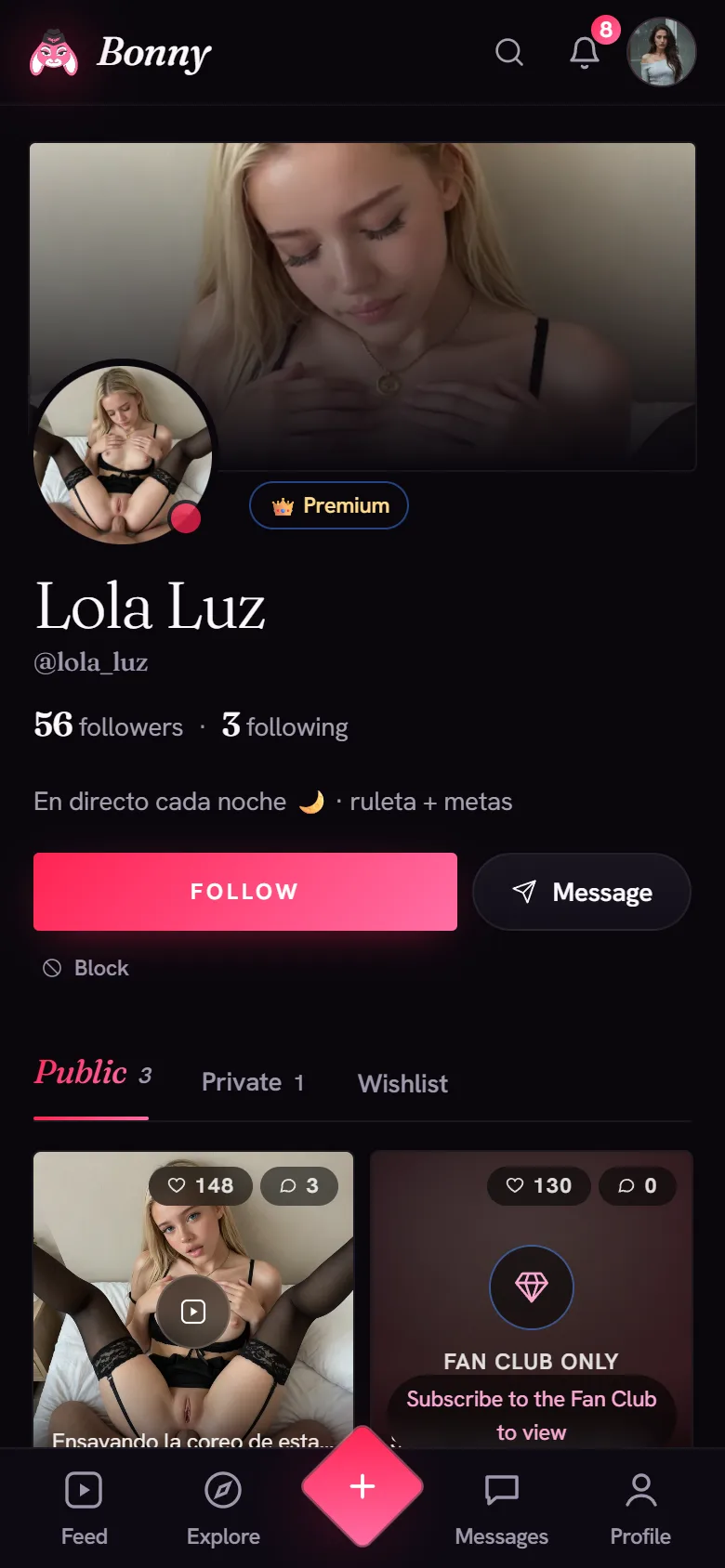 Real screenshot of a creator profile on Bonny